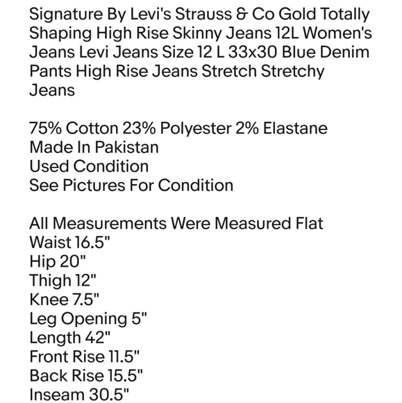 Signature By Levi's Strauss & Co Gold Totally Shaping High Rise Skinny Jeans 12L - Picture 7 of 7